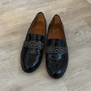 Franco Sarto black patten leather loafers with stud detailing